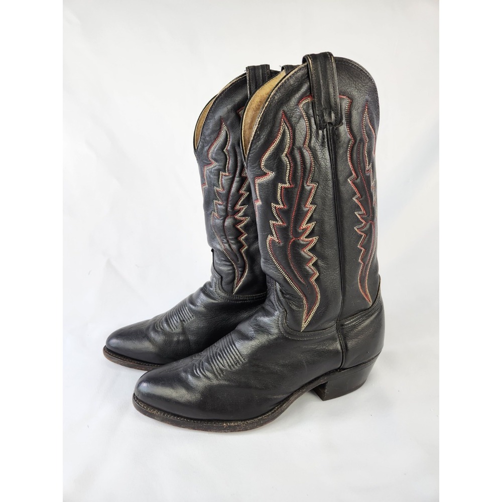 Vtg Sheplers Western Cowboy Boots Mens Sz 9.5 EE Black Leather Red Stitched Wide